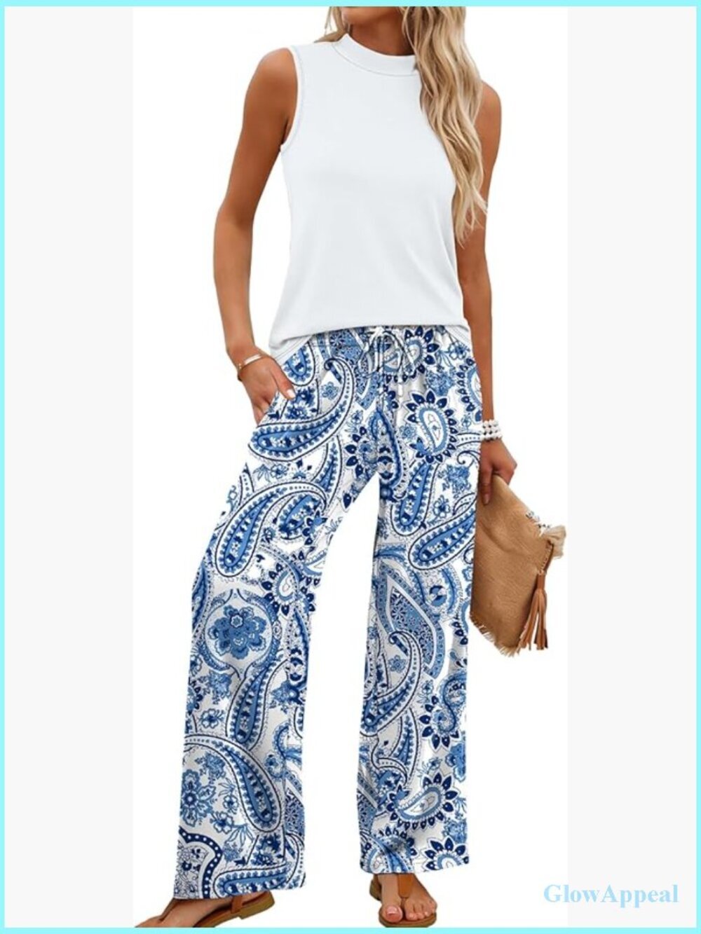Two Piece Set Women Summer Mock Neck Sleeveless Top Wide Leg Pants Travel Outfit
